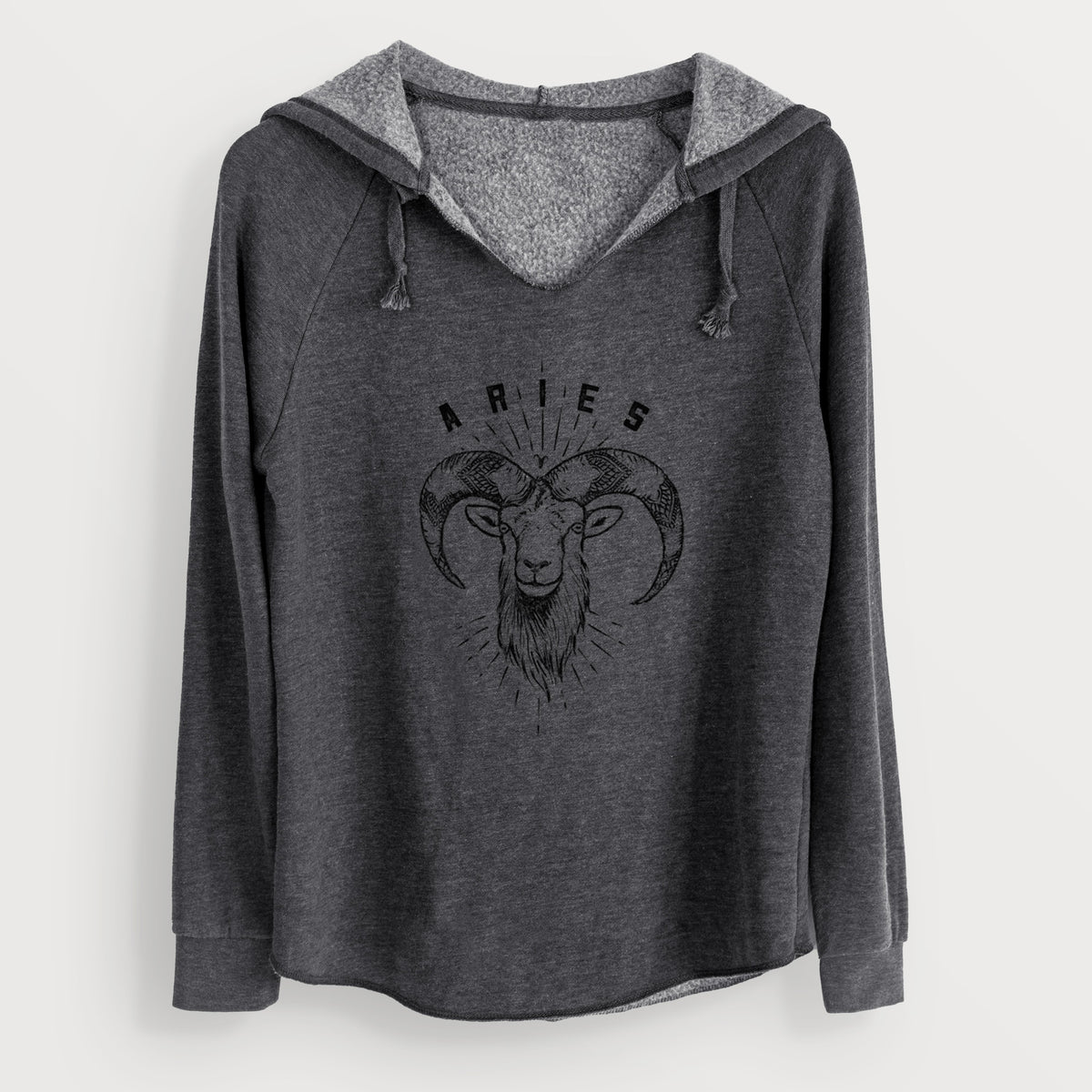 Charcoal grey women's Cali Wave hooded sweatshirt laid flat, printed with a black ink ram's head with curled horns and the word Aries, for the Aries zodiac sign.