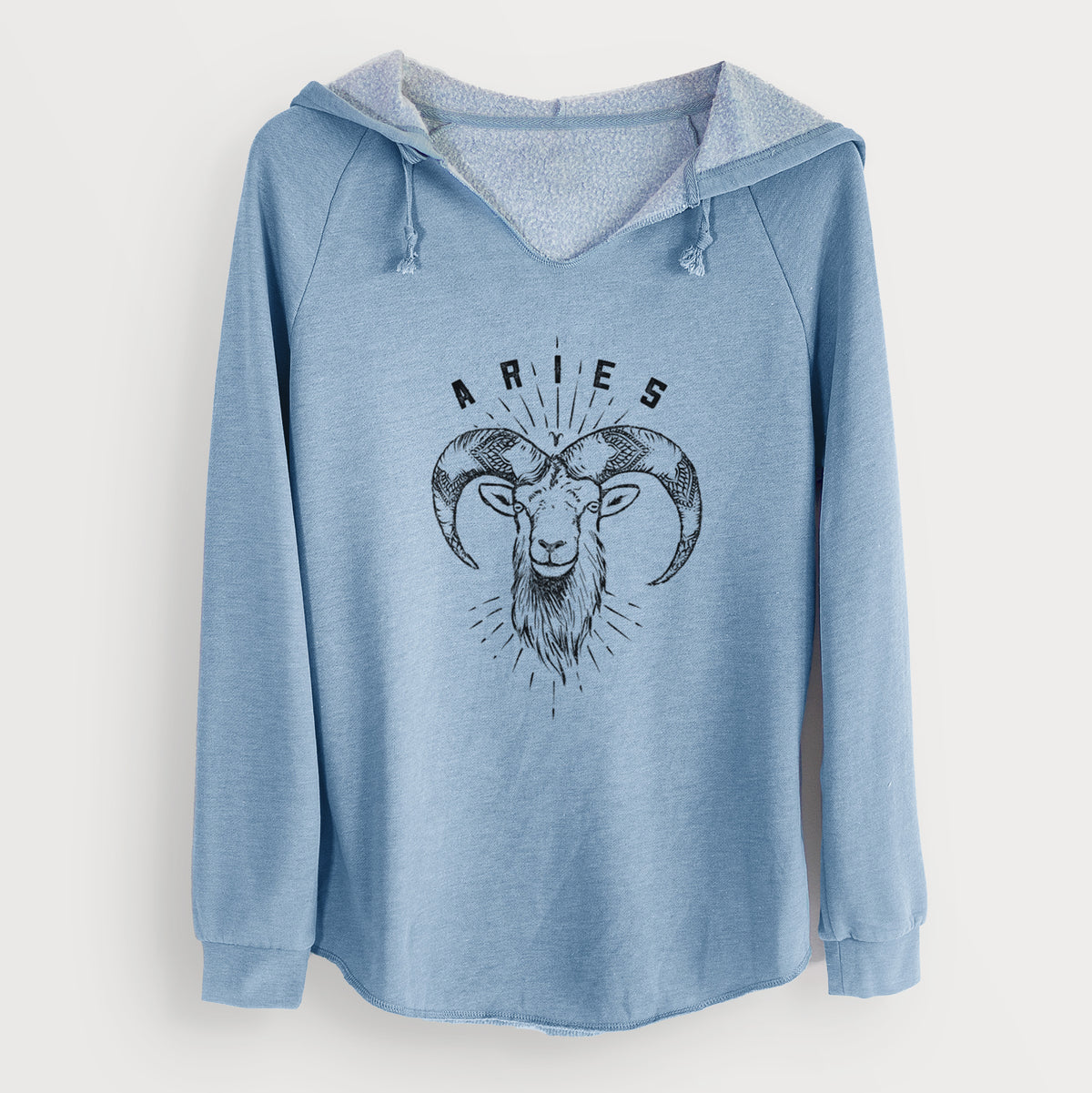 Misty blue women's Cali Wave hooded sweatshirt laid flat, printed with a black ink ram's head with curled horns and the word Aries, for the Aries zodiac sign.