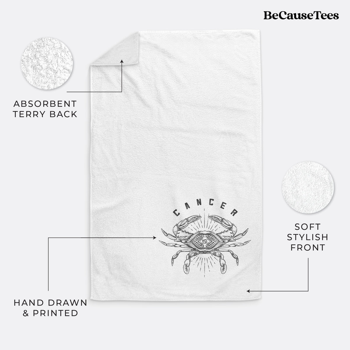 White hand towel printed with a black ink crab with the word Cancer, for the Cancer zodiac sign.