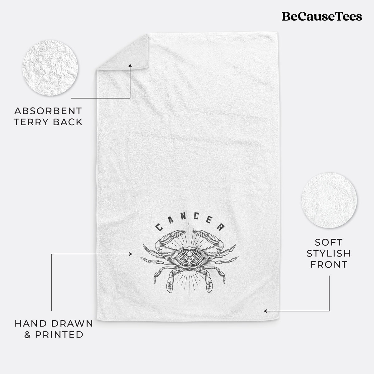 White hand towel printed with a black ink crab with the word Cancer, for the Cancer zodiac sign.