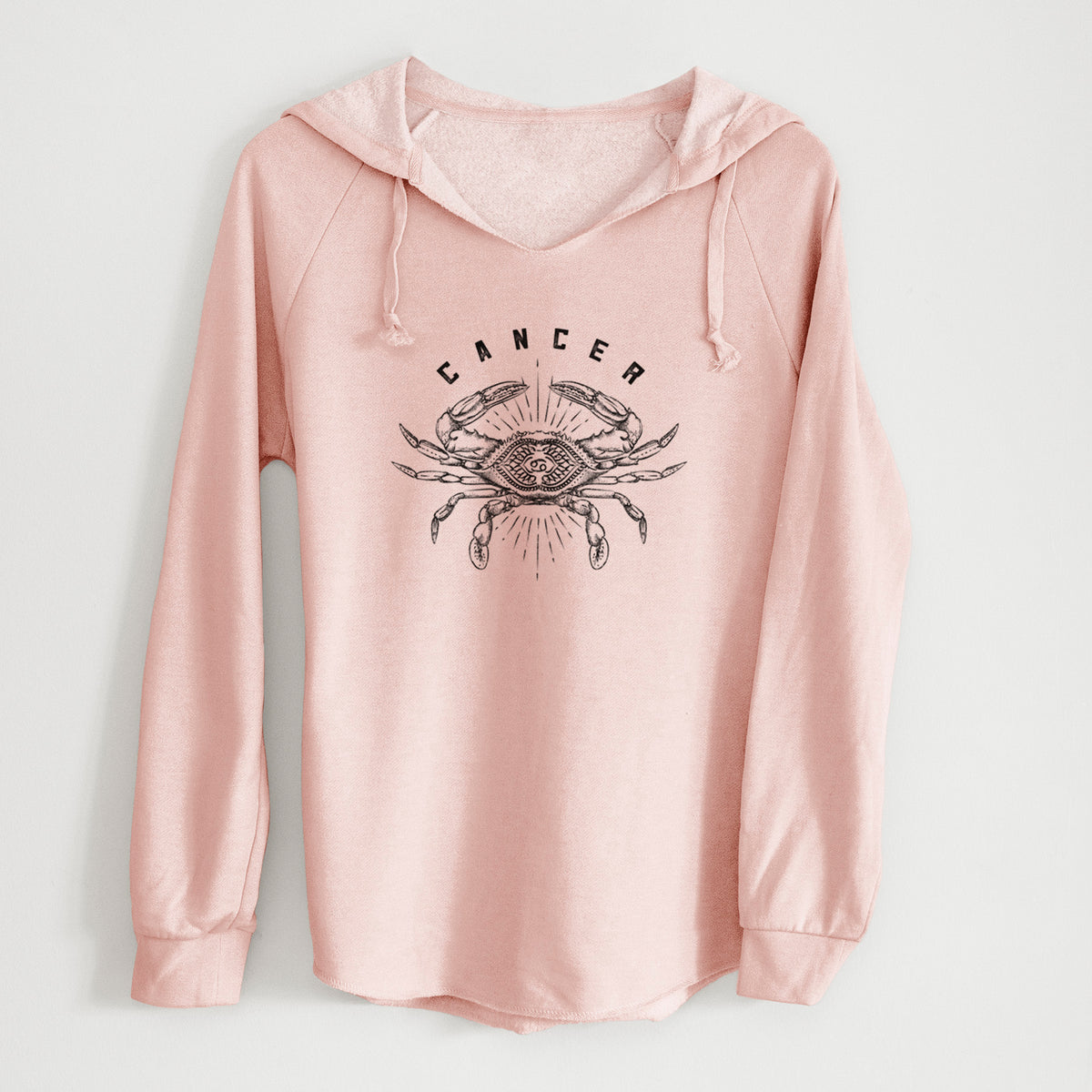 Blush pink women's Cali Wave hooded sweatshirt laid flat, printed with a black ink crab with the word Cancer, for the Cancer zodiac sign.