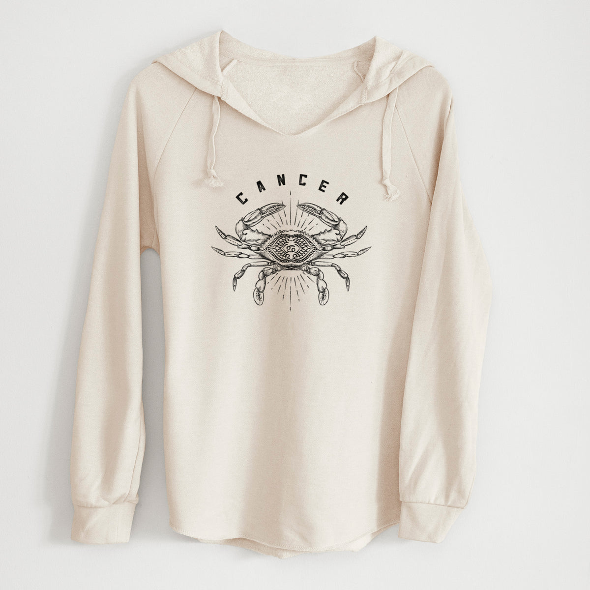 Bone cream women's Cali Wave hooded sweatshirt laid flat, printed with a black ink crab with the word Cancer, for the Cancer zodiac sign.