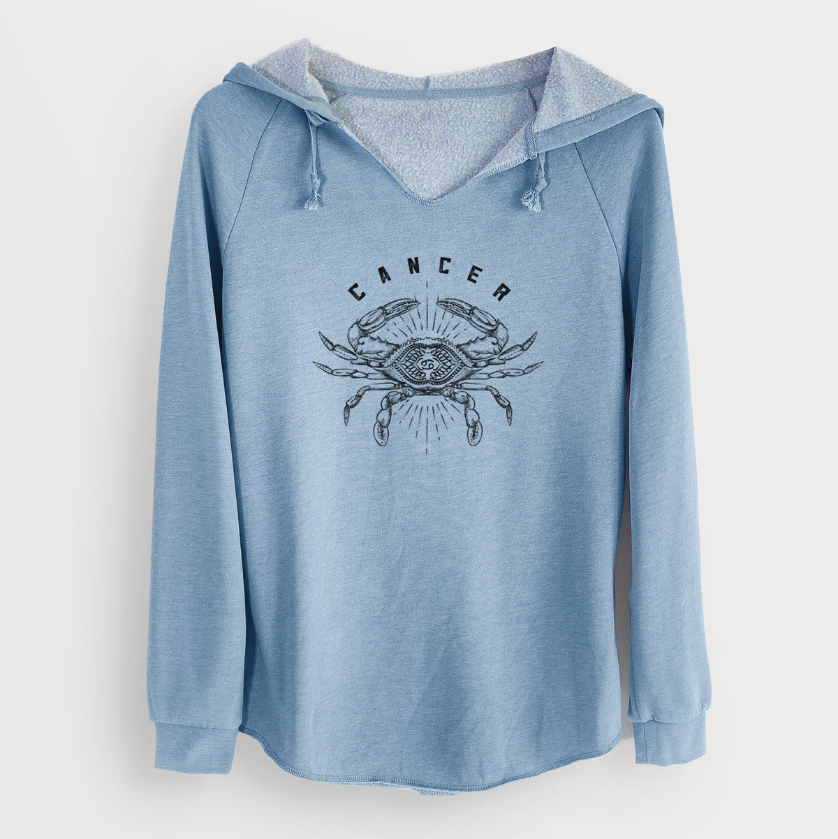 Misty blue women's Cali Wave hooded sweatshirt laid flat, printed with a black ink crab with the word Cancer, for the Cancer zodiac sign.