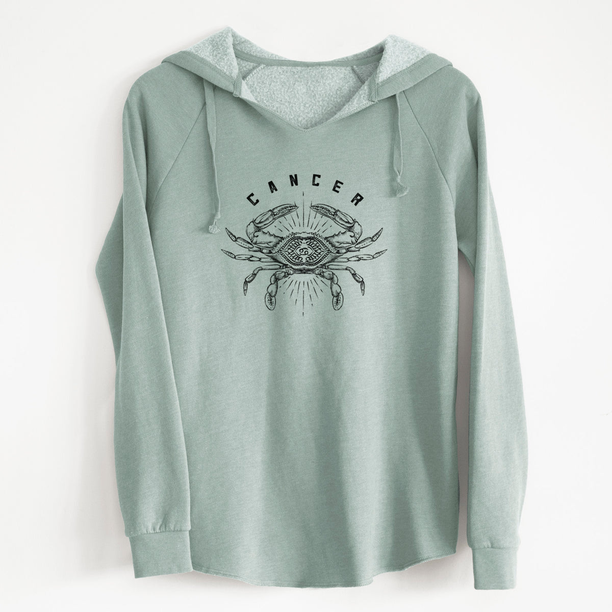 Sage green women's Cali Wave hooded sweatshirt laid flat, printed with a black ink crab with the word Cancer, for the Cancer zodiac sign.
