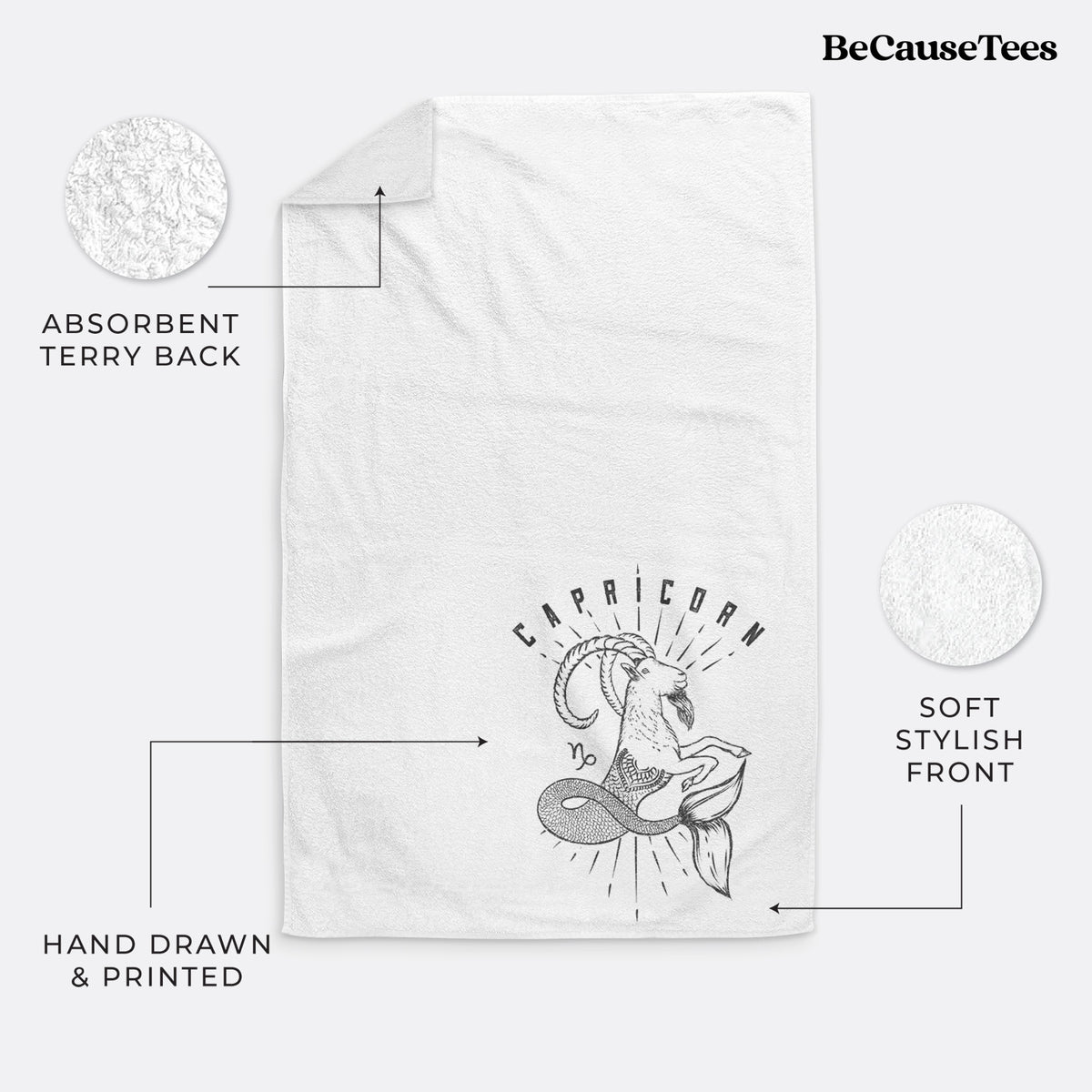 White hand towel printed with a black ink sea-goat with the word Capricorn, for the Capricorn zodiac sign.
