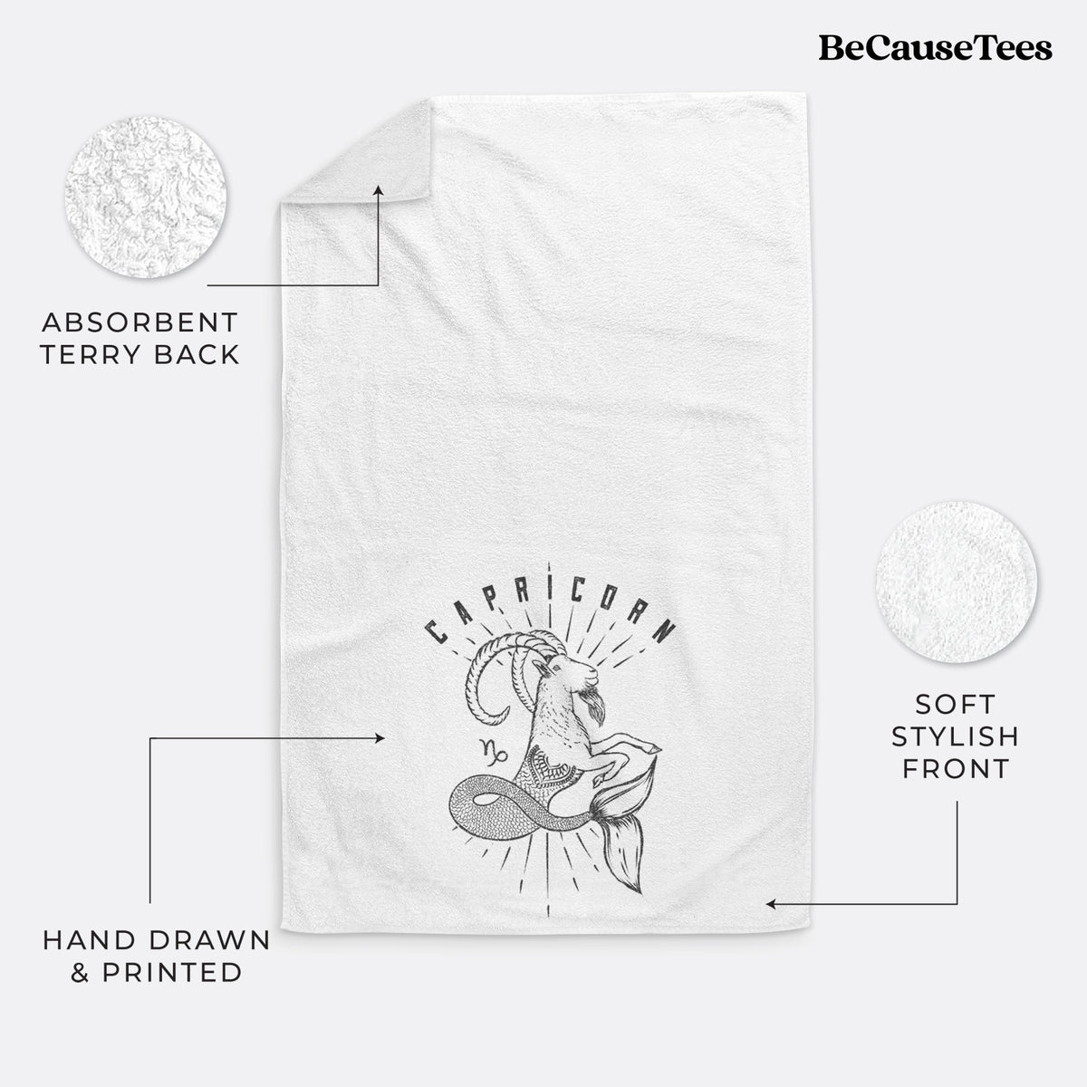 White hand towel printed with a black ink sea-goat with the word Capricorn, for the Capricorn zodiac sign.