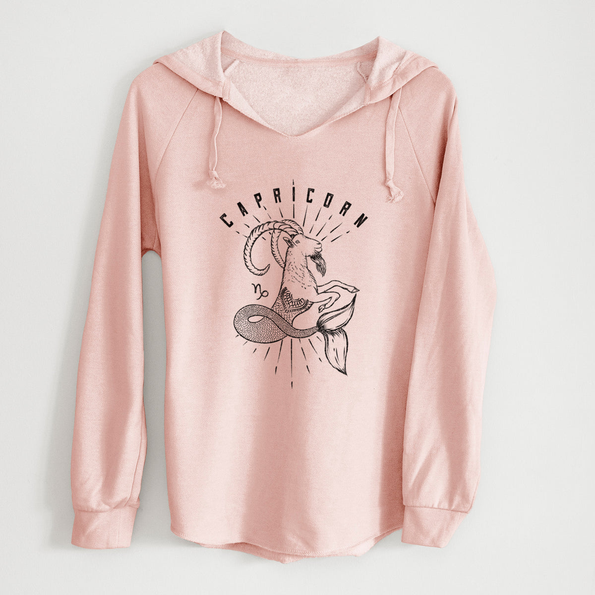 Blush pink women's Cali Wave hooded sweatshirt laid flat, printed with a black ink sea-goat with the word Capricorn, for the Capricorn zodiac sign.