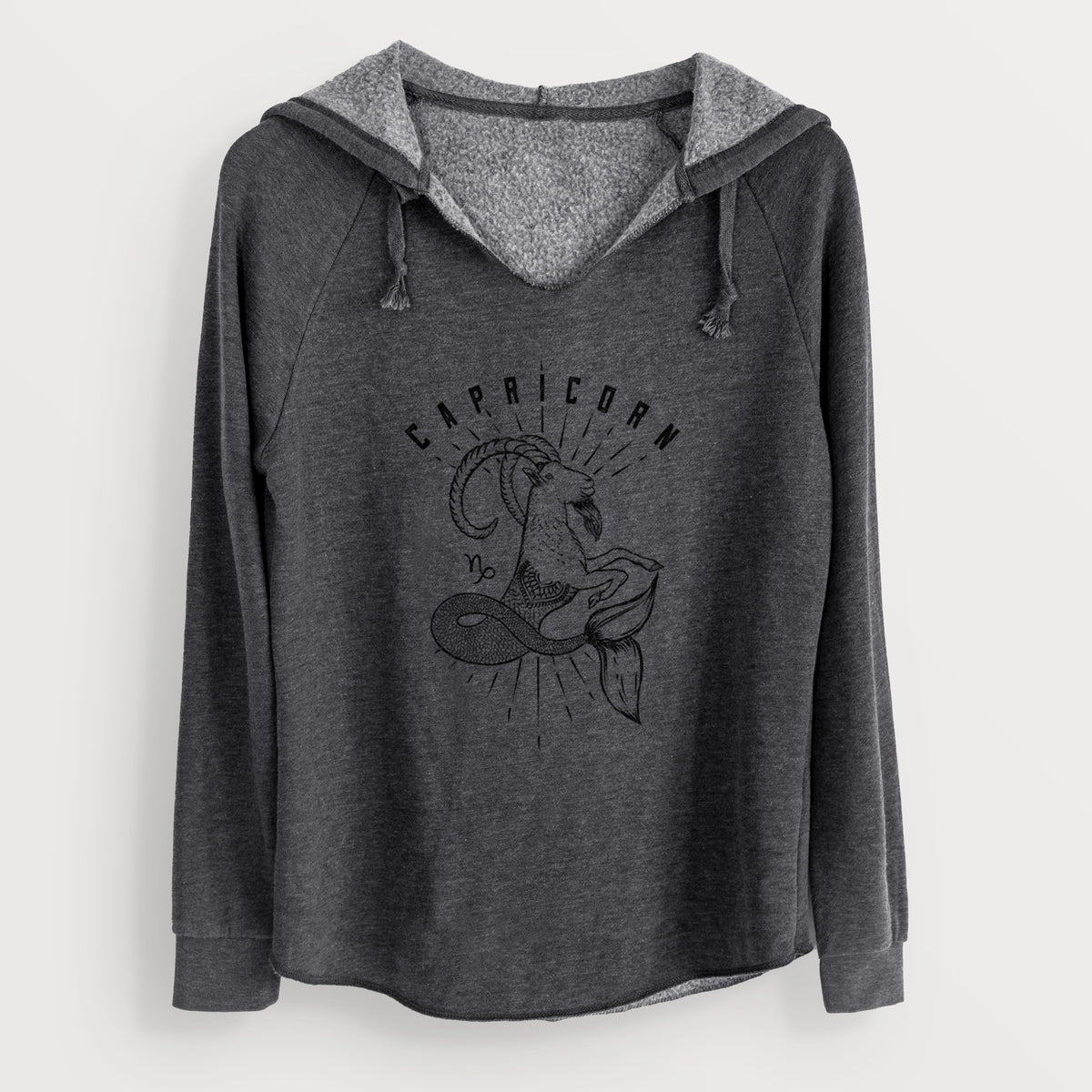 Charcoal grey women's Cali Wave hooded sweatshirt laid flat, printed with a black ink sea-goat with the word Capricorn, for the Capricorn zodiac sign.