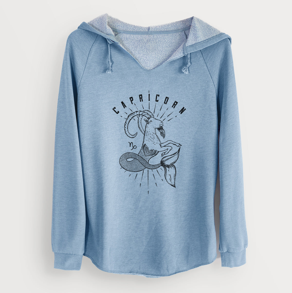Misty blue women's Cali Wave hooded sweatshirt laid flat, printed with a black ink sea-goat with the word Capricorn, for the Capricorn zodiac sign.