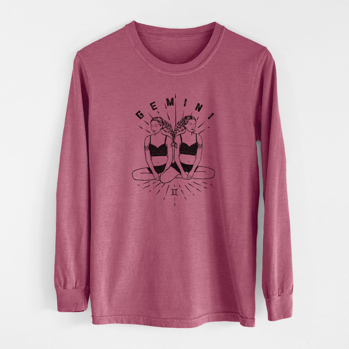 Crimson Comfort Colors long sleeve shirt laid flat, printed with black ink twin women sitting back to back with the word Gemini, for the Gemini zodiac sign.