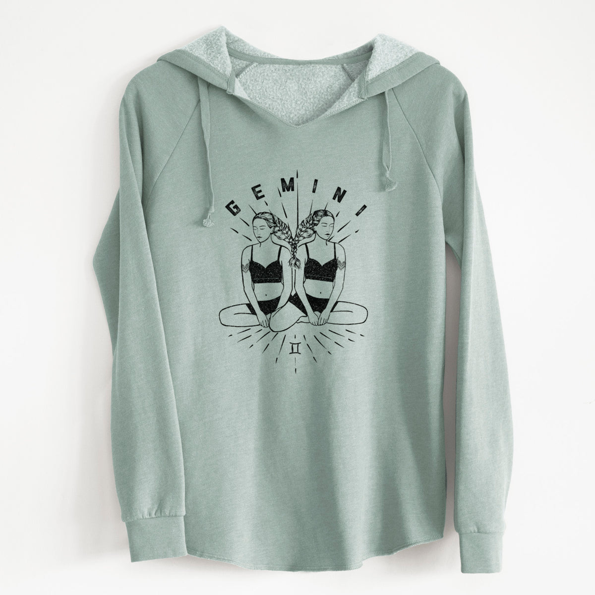Sage green women's Cali Wave hooded sweatshirt laid flat, printed with black ink twin women sitting back to back with the word Gemini, for the Gemini zodiac sign.