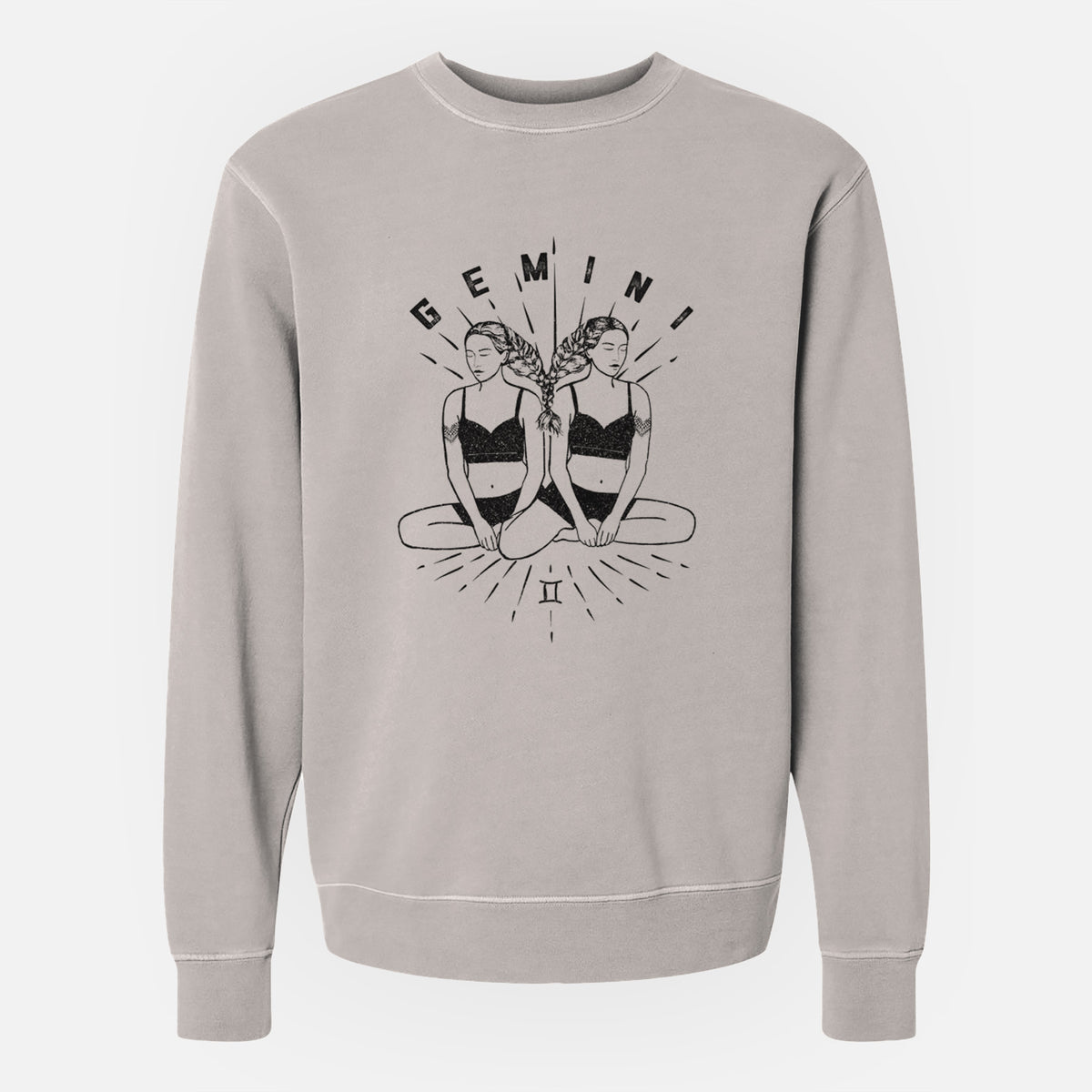 Cement grey pigment dyed crewneck sweatshirt laid flat, printed with black ink twin women sitting back to back with the word Gemini, for the Gemini zodiac sign.