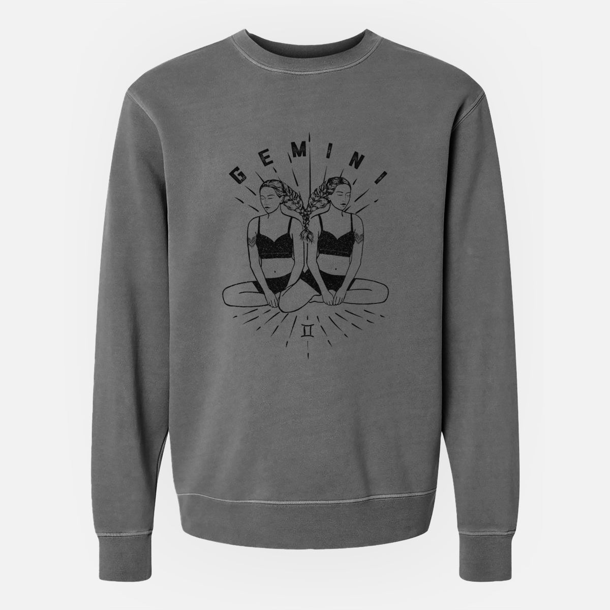 Faded black pigment dyed crewneck sweatshirt laid flat, printed with black ink twin women sitting back to back with the word Gemini, for the Gemini zodiac sign.