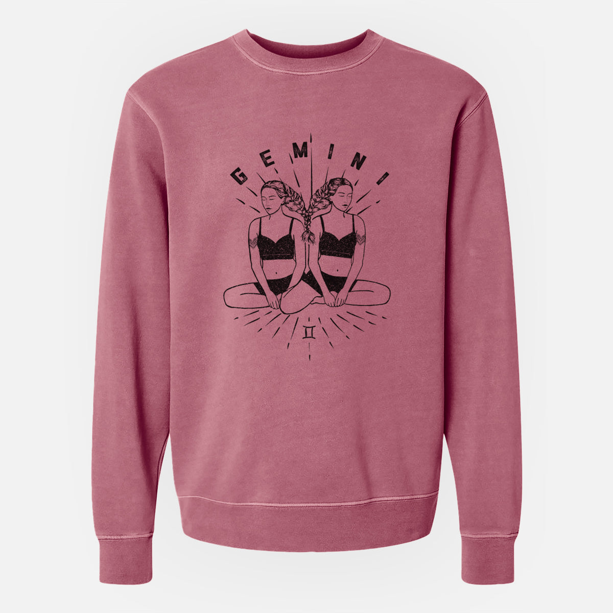 Maroon pigment dyed crewneck sweatshirt laid flat, printed with black ink twin women sitting back to back with the word Gemini, for the Gemini zodiac sign.