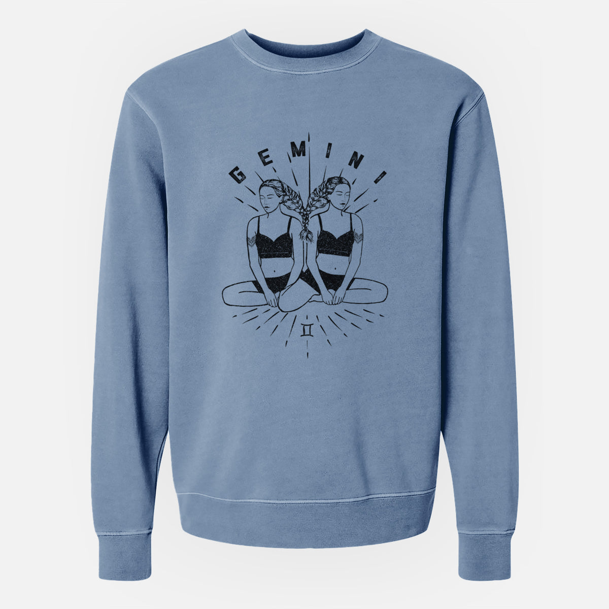 Slate blue pigment dyed crewneck sweatshirt laid flat, printed with black ink twin women sitting back to back with the word Gemini, for the Gemini zodiac sign.