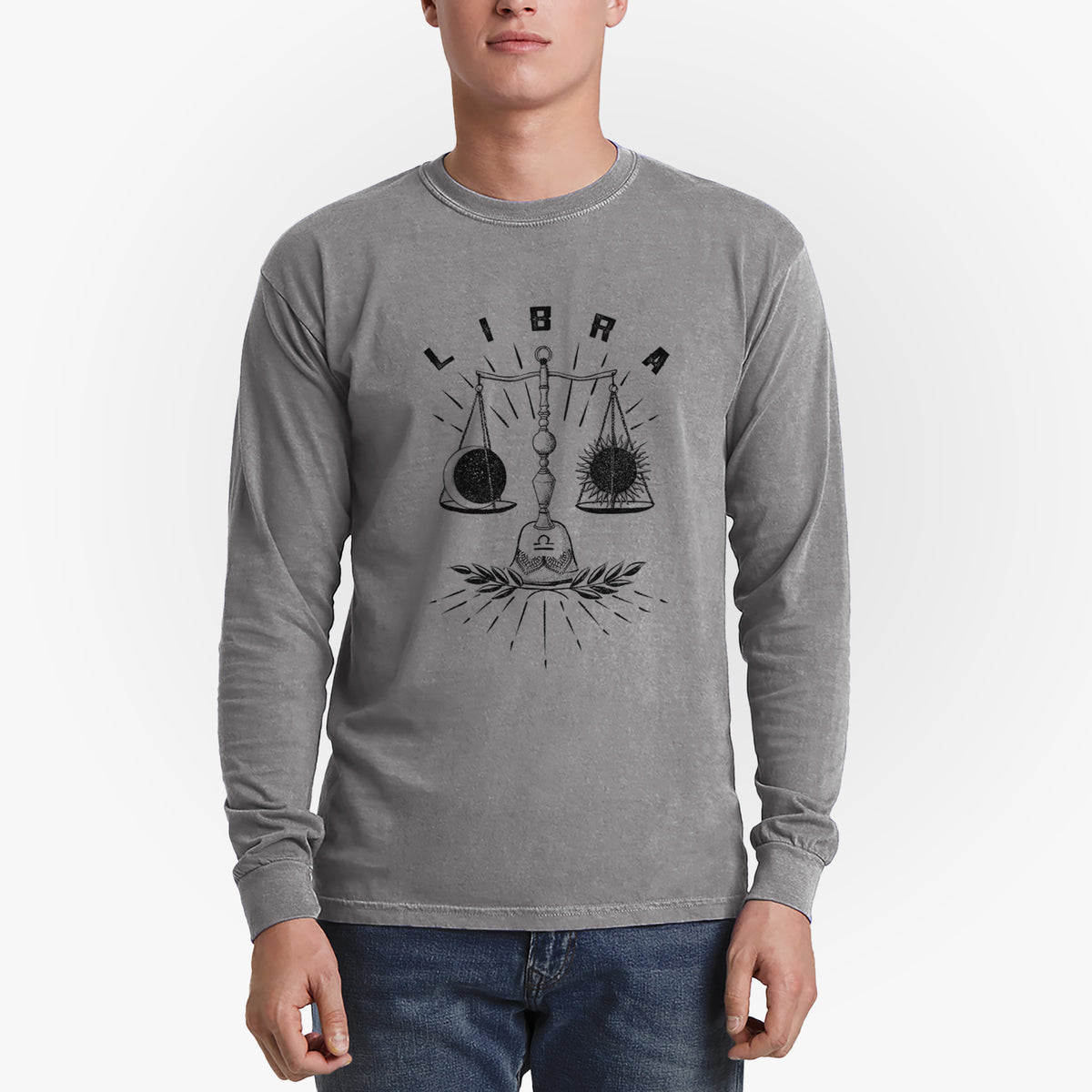 Man wearing a grey Comfort Colors long sleeve shirt printed with a black ink set of balance scales with the word Libra, for the Libra zodiac sign.