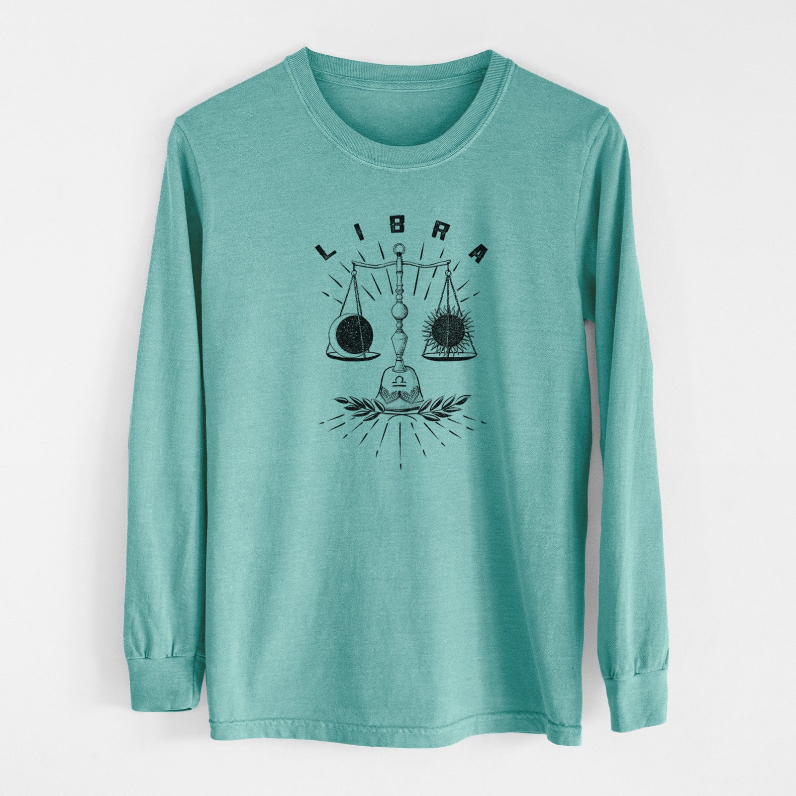 Reef green Comfort Colors long sleeve shirt laid flat, printed with a black ink set of balance scales with the word Libra, for the Libra zodiac sign.