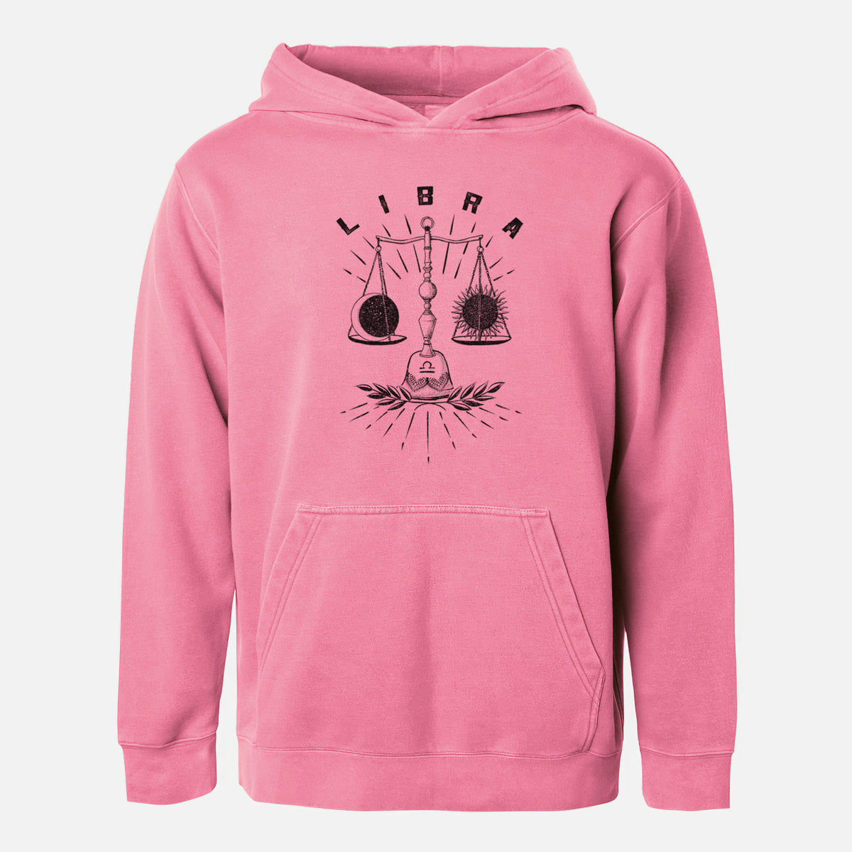 Pigment pink youth pigment dyed hoodie laid flat, printed with a black ink set of balance scales with the word Libra, for the Libra zodiac sign.