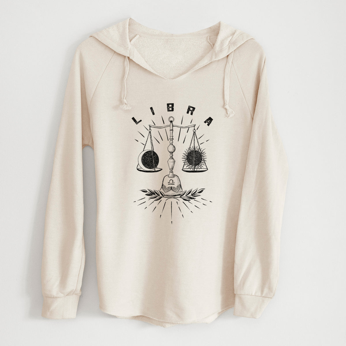 Bone cream women's Cali Wave hooded sweatshirt laid flat, printed with a black ink set of balance scales with the word Libra, for the Libra zodiac sign.