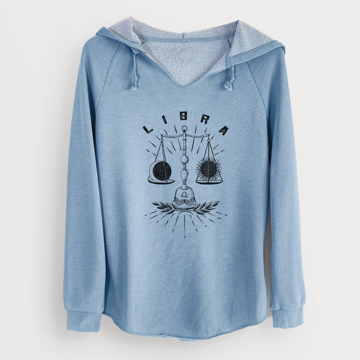 Misty blue women's Cali Wave hooded sweatshirt laid flat, printed with a black ink set of balance scales with the word Libra, for the Libra zodiac sign.
