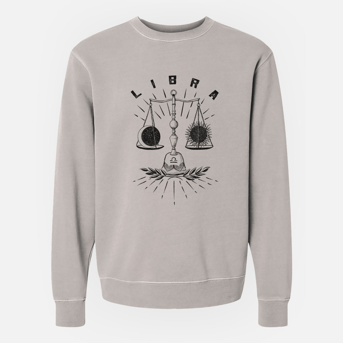 Cement grey pigment dyed crewneck sweatshirt laid flat, printed with a black ink set of balance scales with the word Libra, for the Libra zodiac sign.