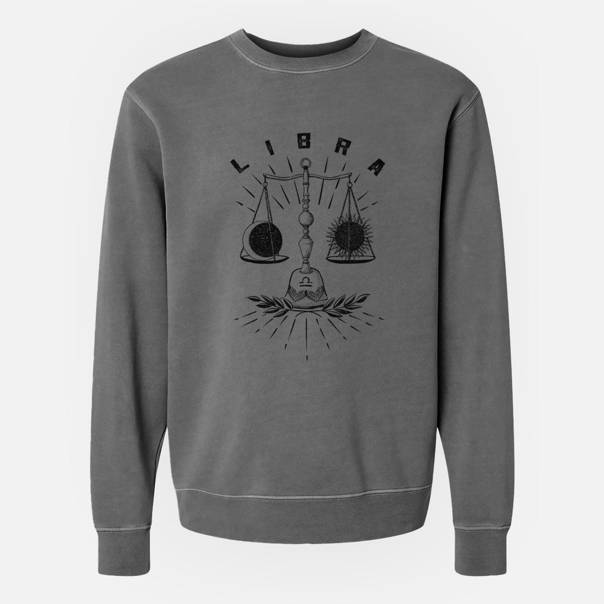Faded black pigment dyed crewneck sweatshirt laid flat, printed with a black ink set of balance scales with the word Libra, for the Libra zodiac sign.