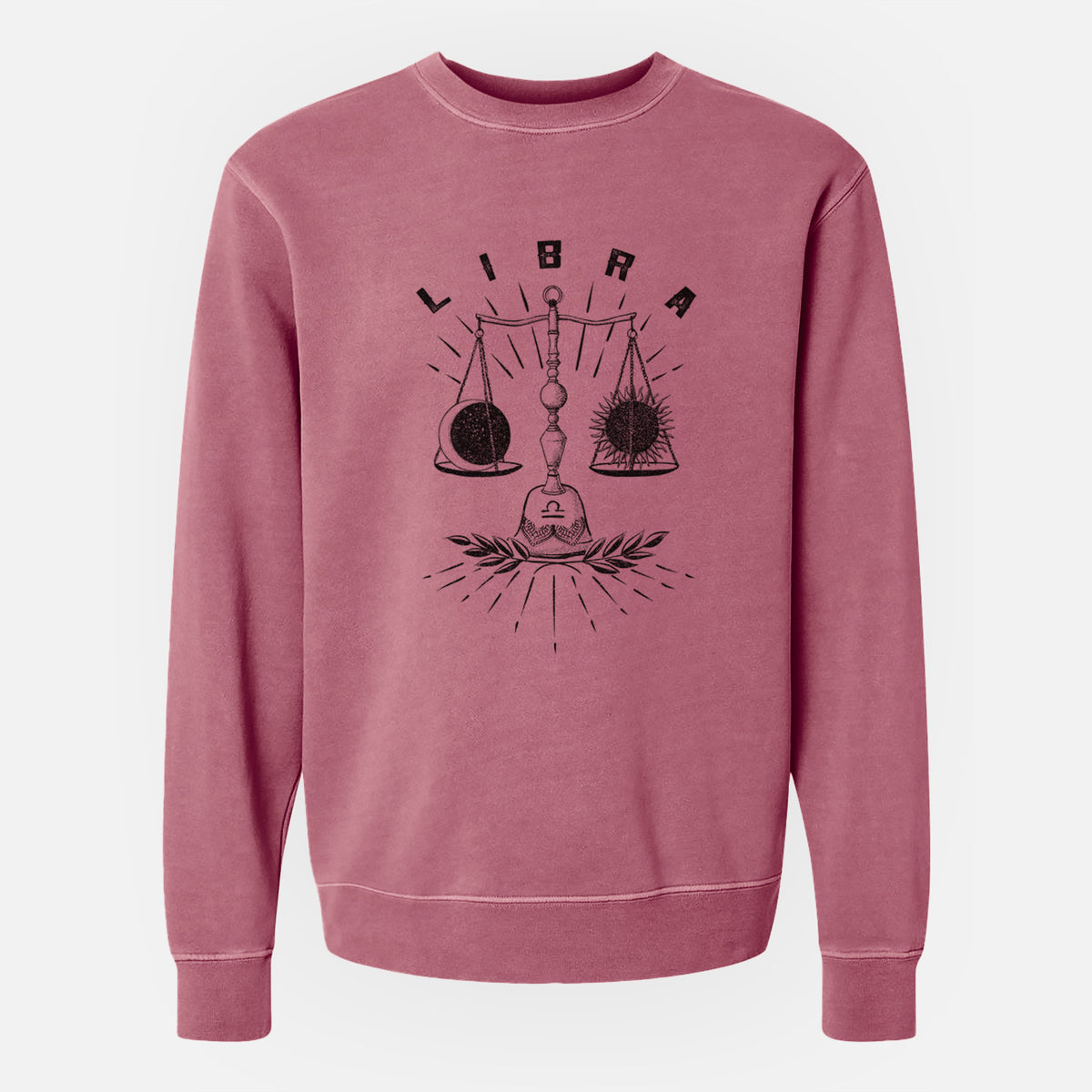 Maroon pigment dyed crewneck sweatshirt laid flat, printed with a black ink set of balance scales with the word Libra, for the Libra zodiac sign.