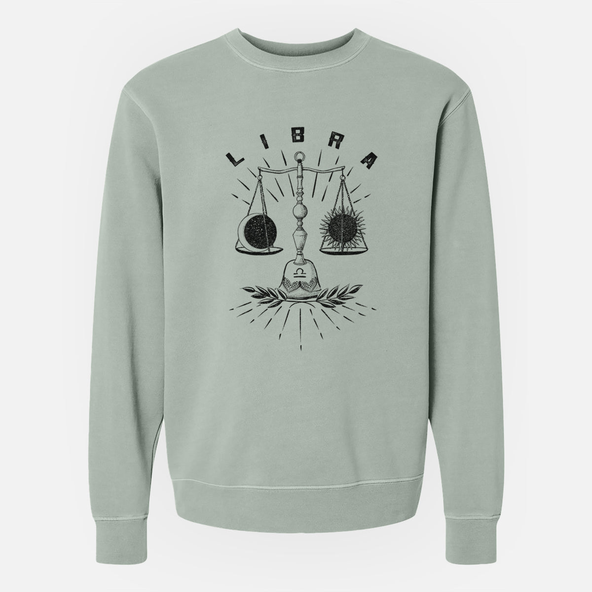Sage green pigment dyed crewneck sweatshirt laid flat, printed with a black ink set of balance scales with the word Libra, for the Libra zodiac sign.