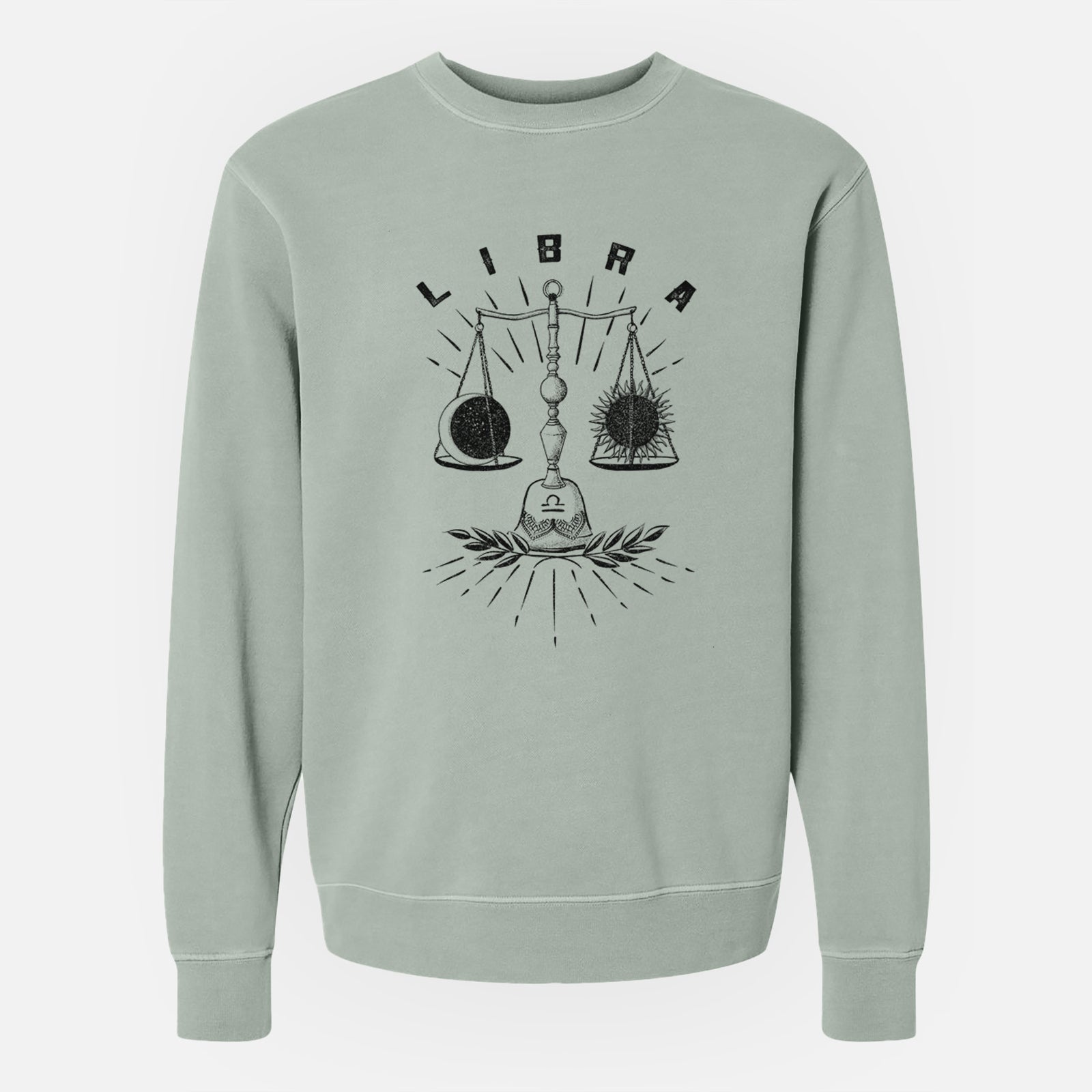 Sage green pigment dyed crewneck sweatshirt laid flat, printed with a black ink set of balance scales with the word Libra, for the Libra zodiac sign.