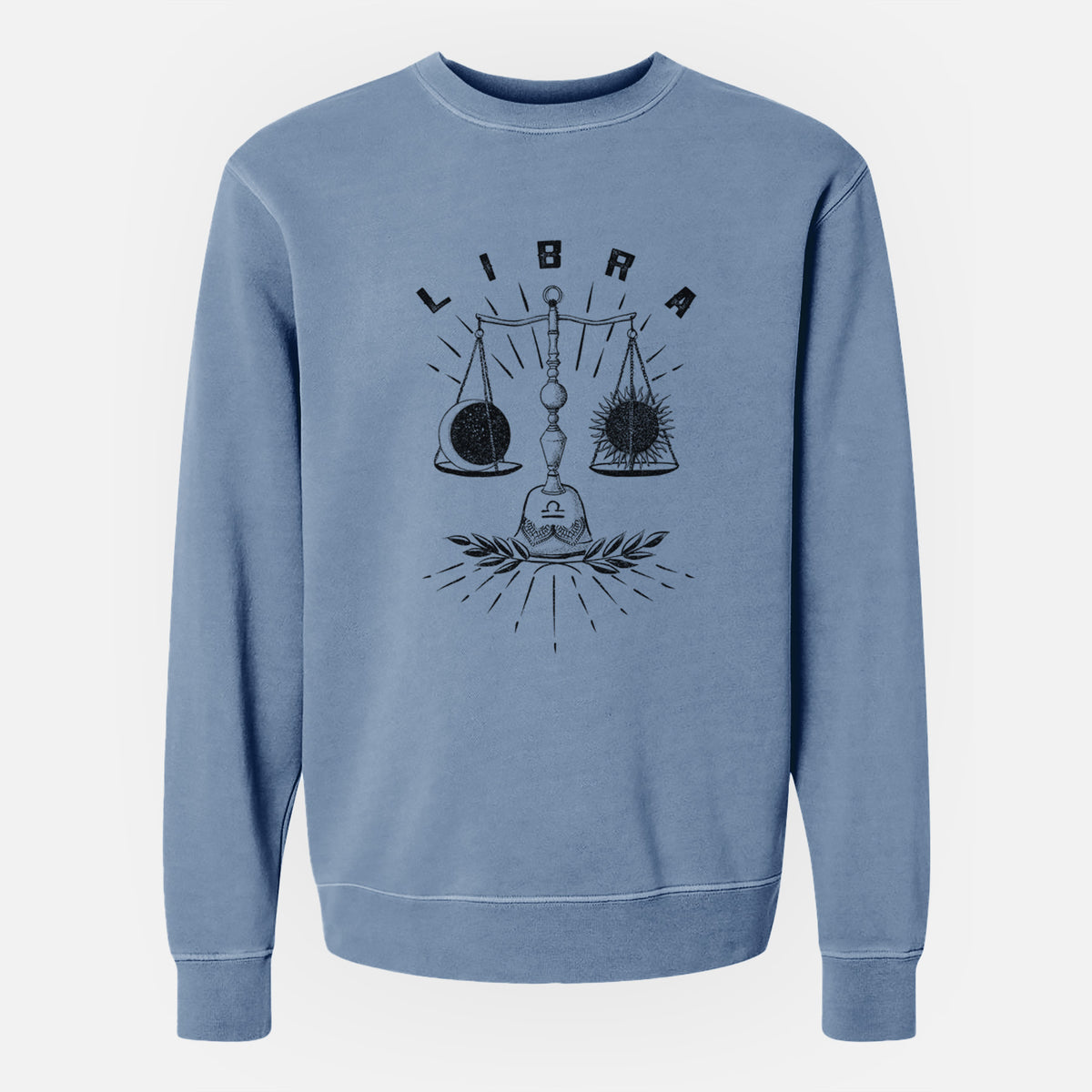 Slate blue pigment dyed crewneck sweatshirt laid flat, printed with a black ink set of balance scales with the word Libra, for the Libra zodiac sign.