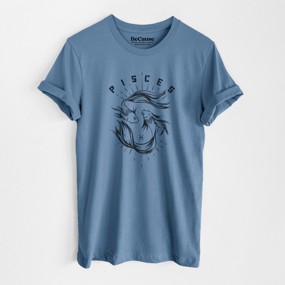 Steel blue lightweight cotton t-shirt laid flat, printed with two black ink fish swimming in a circle with the word Pisces, for the Pisces zodiac sign.