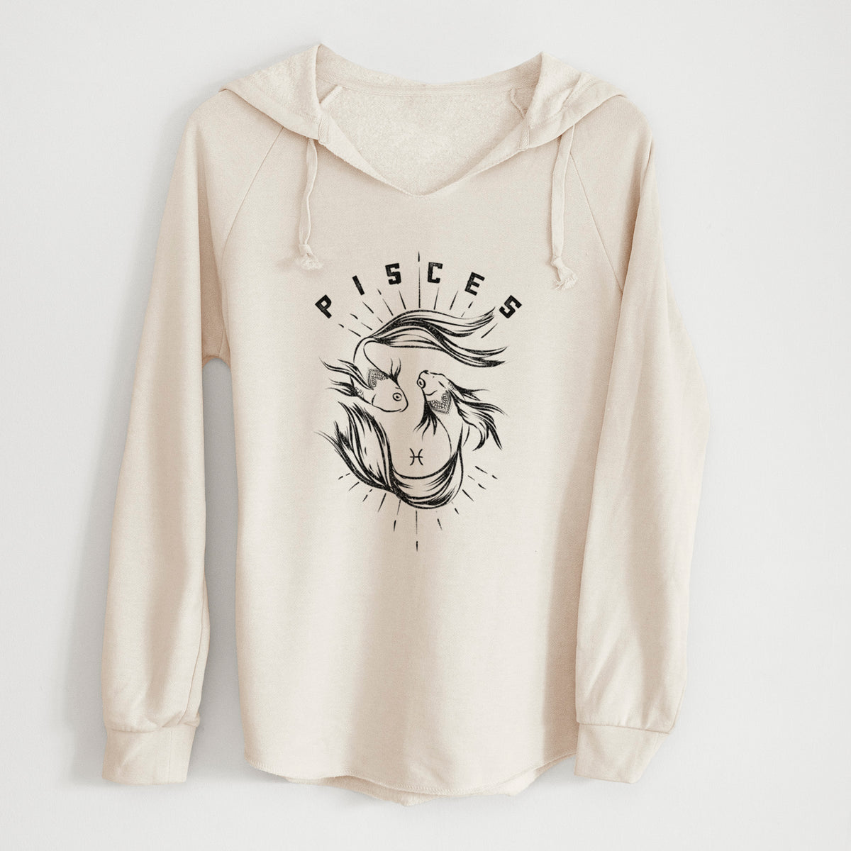Bone cream women's Cali Wave hooded sweatshirt laid flat, printed with two black ink fish swimming in a circle with the word Pisces, for the Pisces zodiac sign.