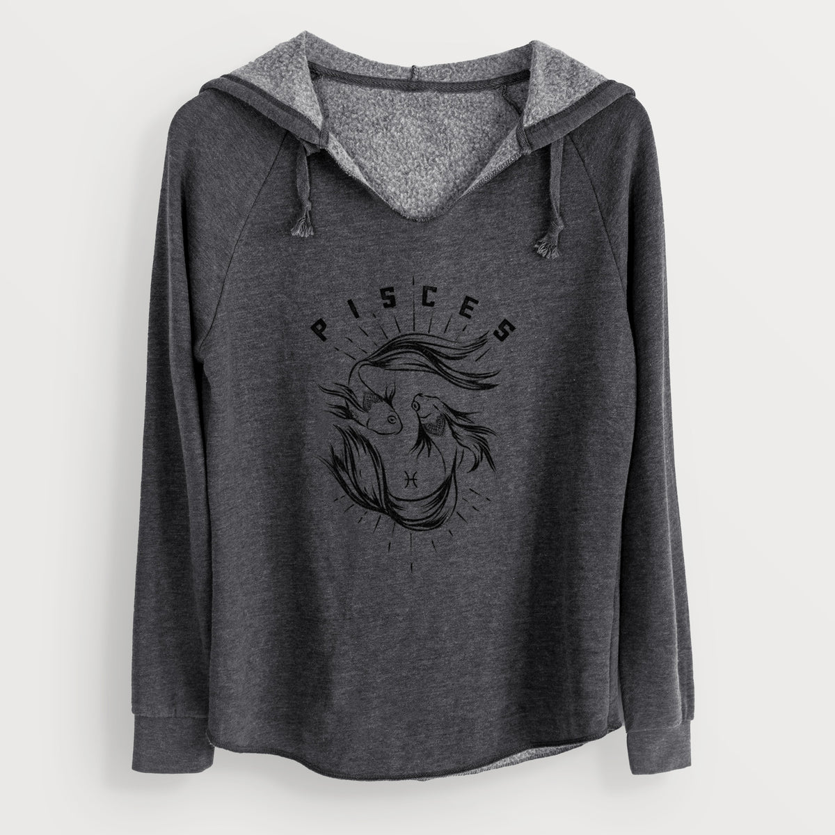 Charcoal grey women's Cali Wave hooded sweatshirt laid flat, printed with two black ink fish swimming in a circle with the word Pisces, for the Pisces zodiac sign.