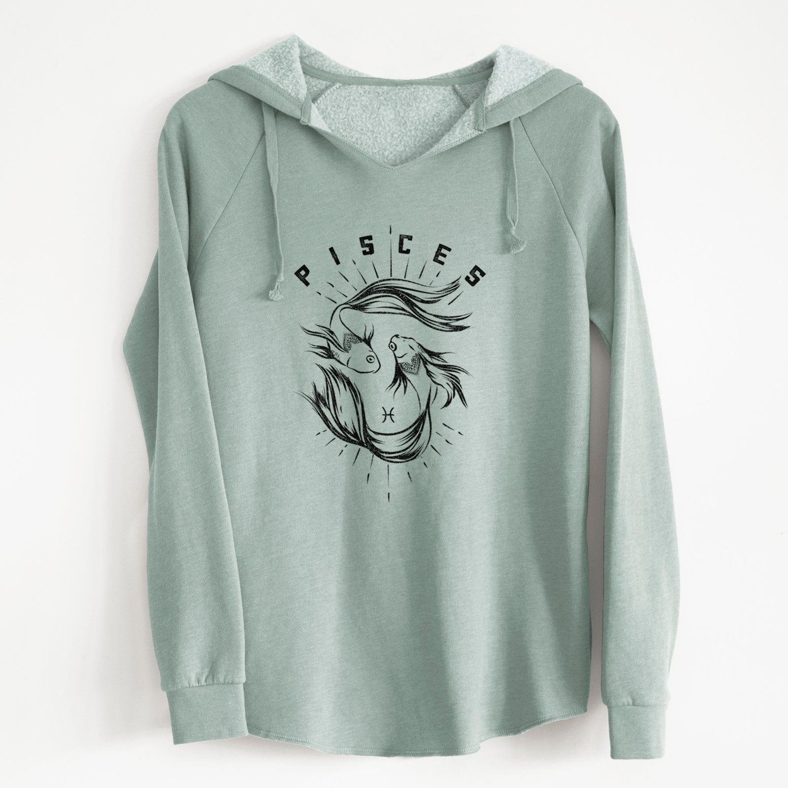 Sage green women's Cali Wave hooded sweatshirt laid flat, printed with two black ink fish swimming in a circle with the word Pisces, for the Pisces zodiac sign.