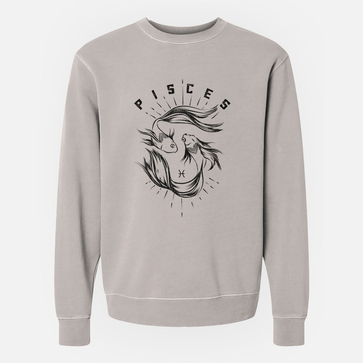 Cement grey pigment dyed crewneck sweatshirt laid flat, printed with two black ink fish swimming in a circle with the word Pisces, for the Pisces zodiac sign.