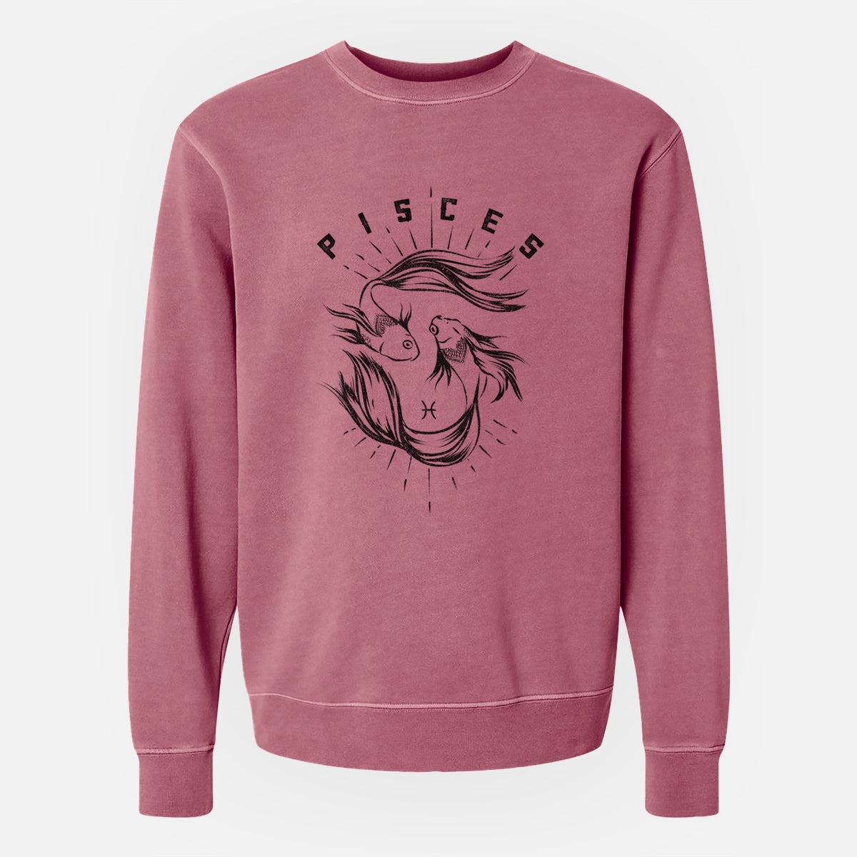 Maroon pigment dyed crewneck sweatshirt laid flat, printed with two black ink fish swimming in a circle with the word Pisces, for the Pisces zodiac sign.