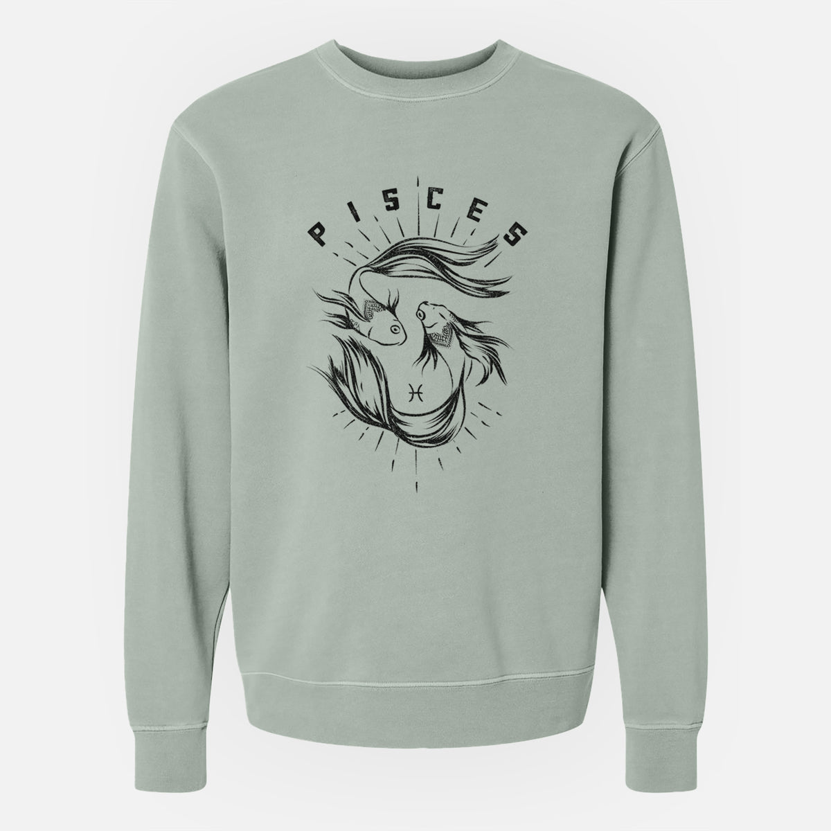 Sage green pigment dyed crewneck sweatshirt laid flat, printed with two black ink fish swimming in a circle with the word Pisces, for the Pisces zodiac sign.