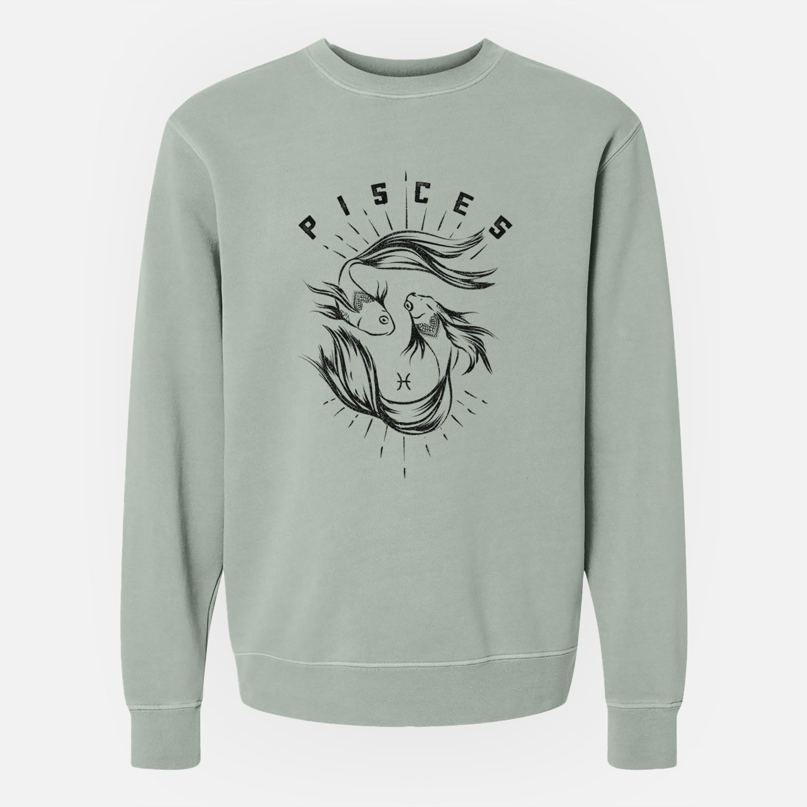 Sage green pigment dyed crewneck sweatshirt laid flat, printed with two black ink fish swimming in a circle with the word Pisces, for the Pisces zodiac sign.