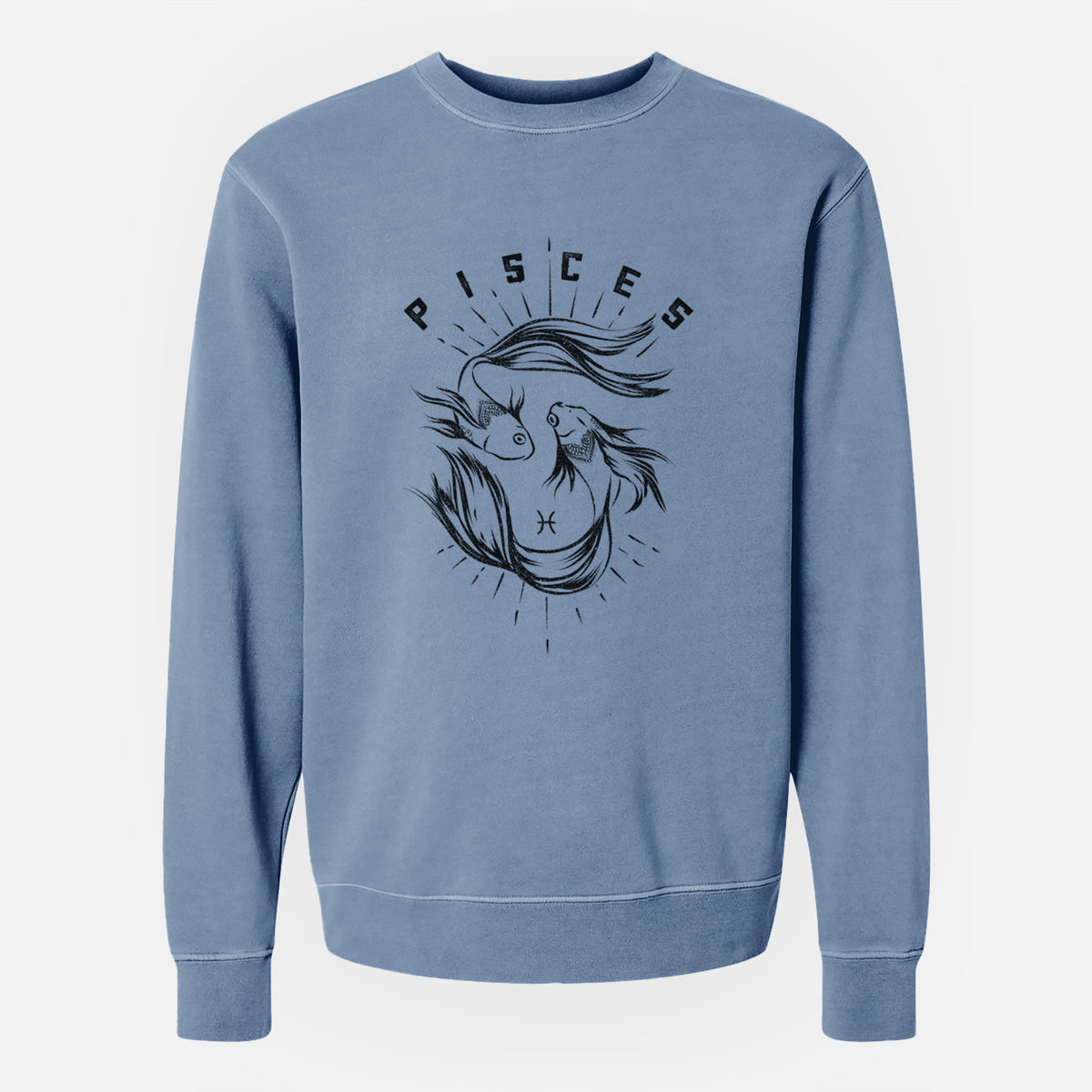 Slate blue pigment dyed crewneck sweatshirt laid flat, printed with two black ink fish swimming in a circle with the word Pisces, for the Pisces zodiac sign.