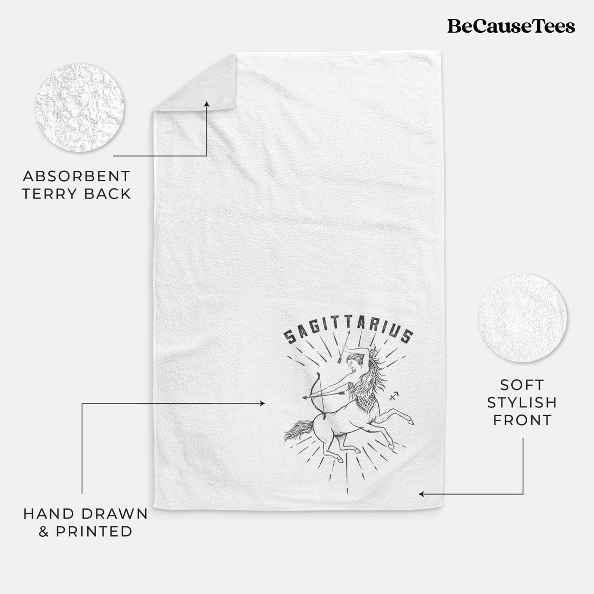 White hand towel printed with a black ink centaur archer with the word Sagittarius, for the Sagittarius zodiac sign.