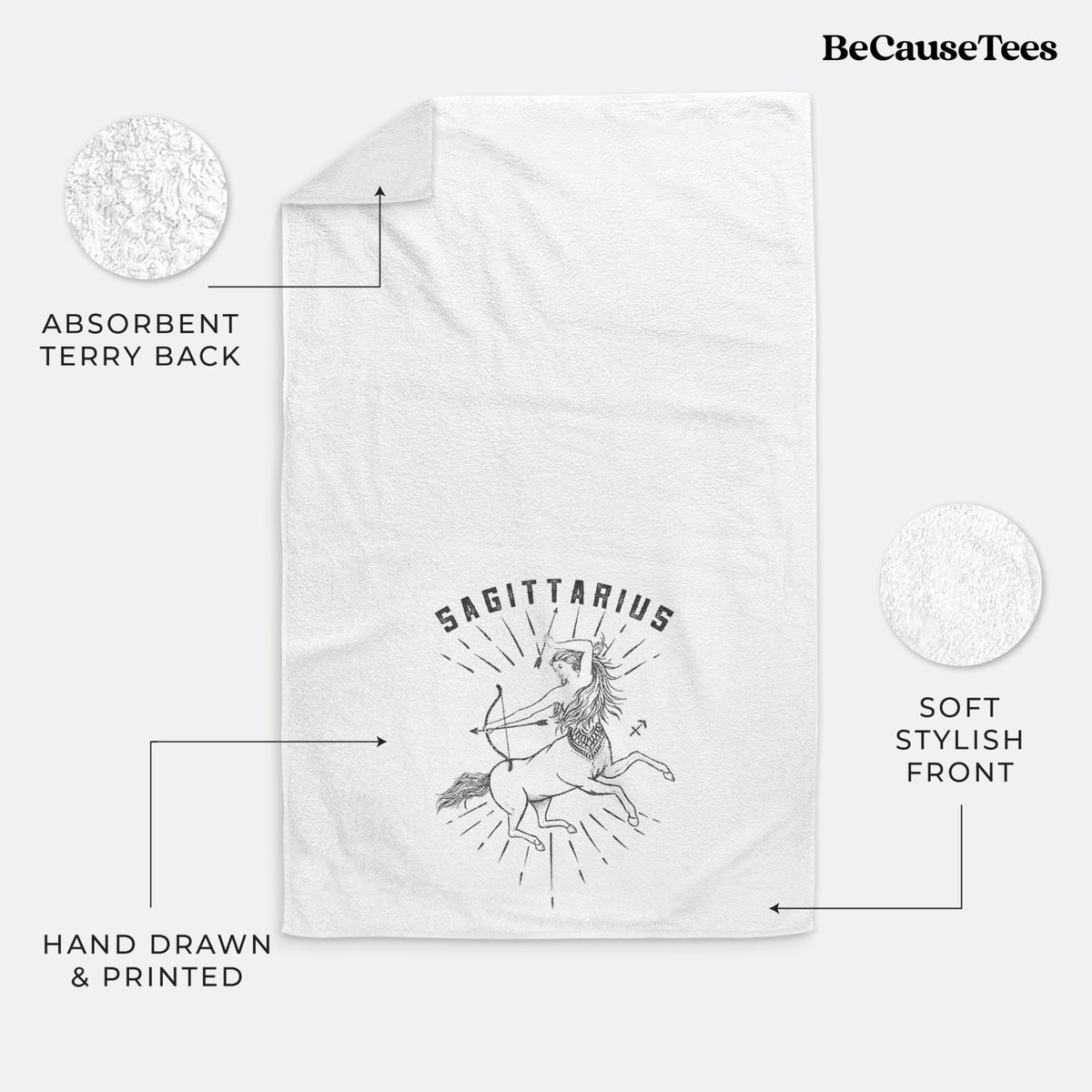 White hand towel printed with a black ink centaur archer with the word Sagittarius, for the Sagittarius zodiac sign.