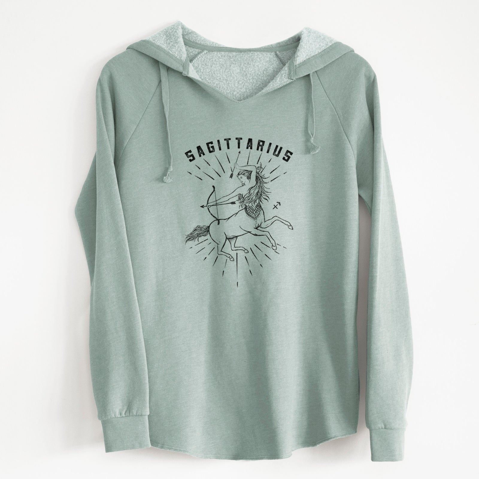 Sage green women's Cali Wave hooded sweatshirt laid flat, printed with a black ink centaur archer with the word Sagittarius, for the Sagittarius zodiac sign.