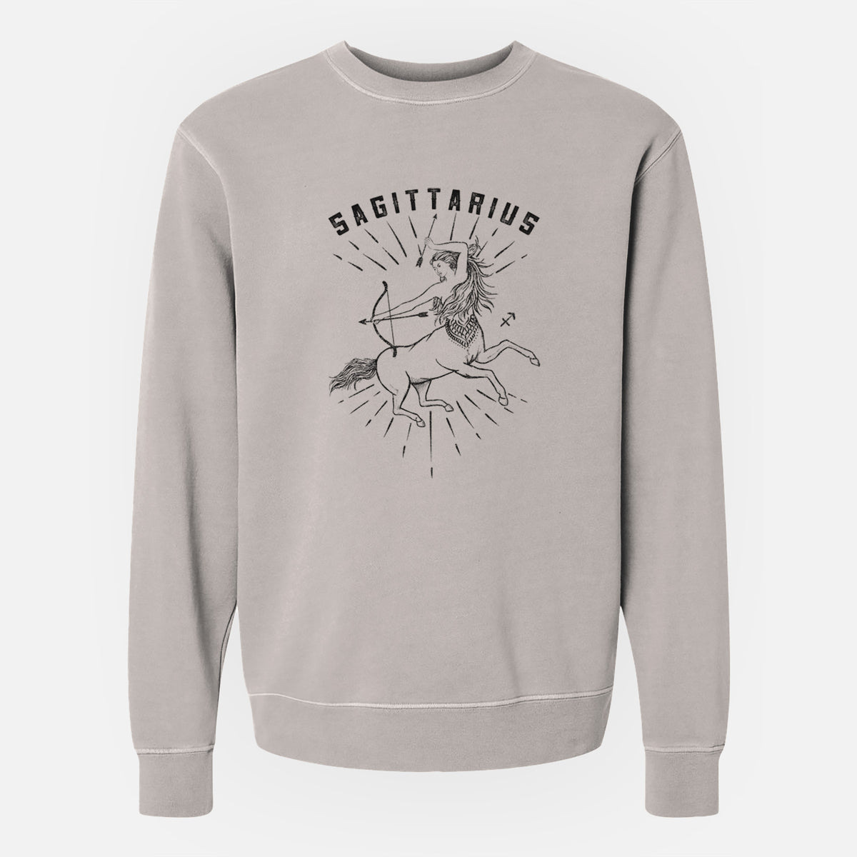 Cement grey pigment dyed crewneck sweatshirt laid flat, printed with a black ink centaur archer with the word Sagittarius, for the Sagittarius zodiac sign.