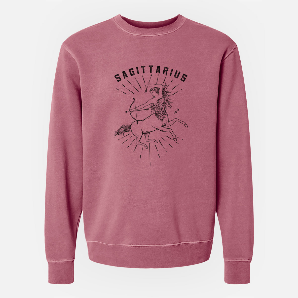 Maroon pigment dyed crewneck sweatshirt laid flat, printed with a black ink centaur archer with the word Sagittarius, for the Sagittarius zodiac sign.