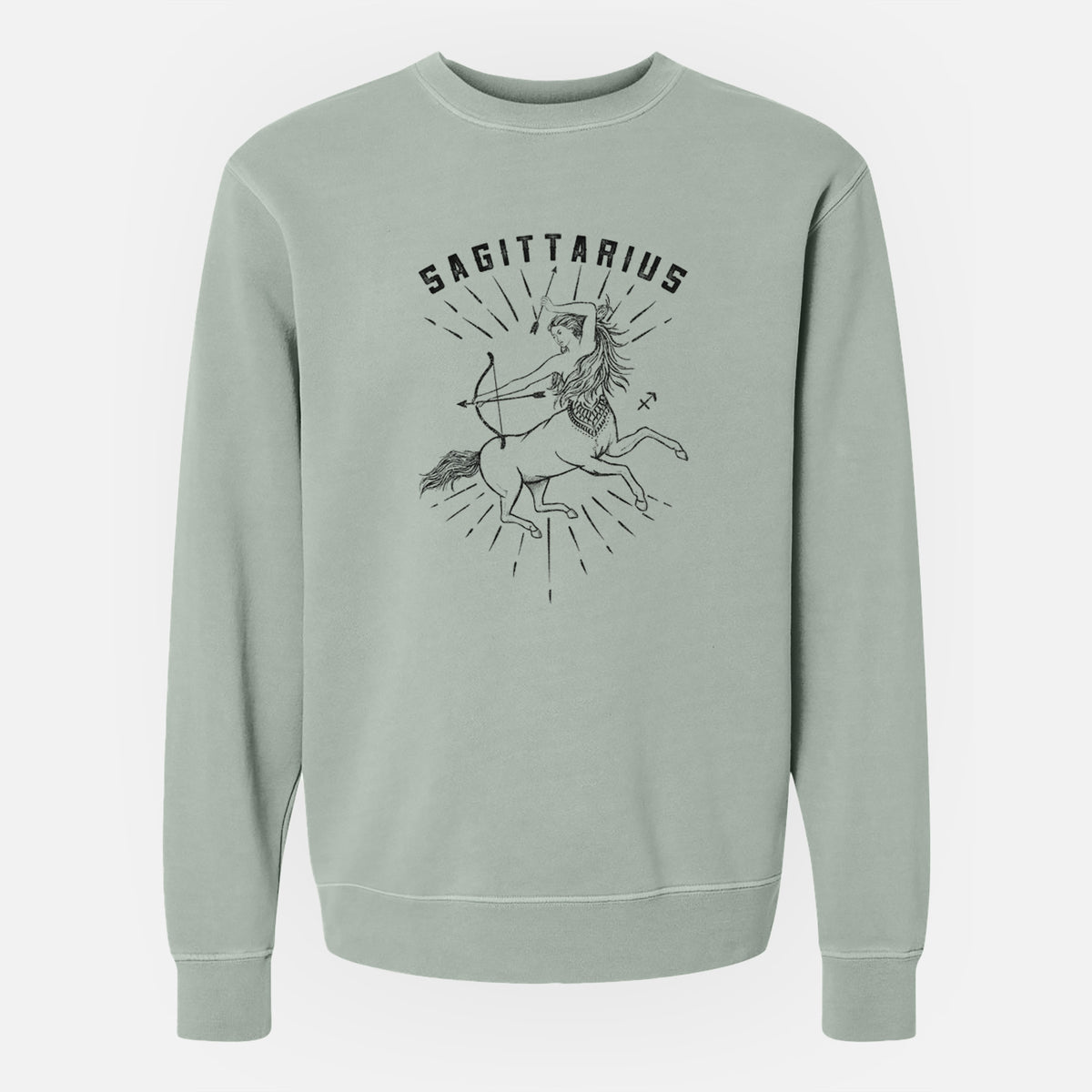 Sage green pigment dyed crewneck sweatshirt laid flat, printed with a black ink centaur archer with the word Sagittarius, for the Sagittarius zodiac sign.