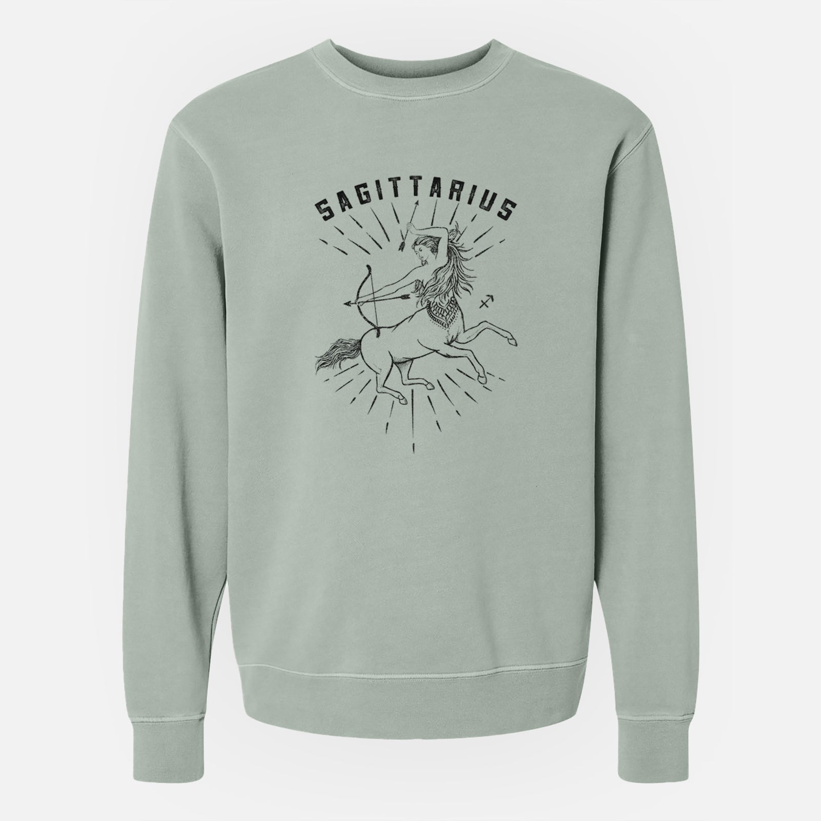 Sage green pigment dyed crewneck sweatshirt laid flat, printed with a black ink centaur archer with the word Sagittarius, for the Sagittarius zodiac sign.