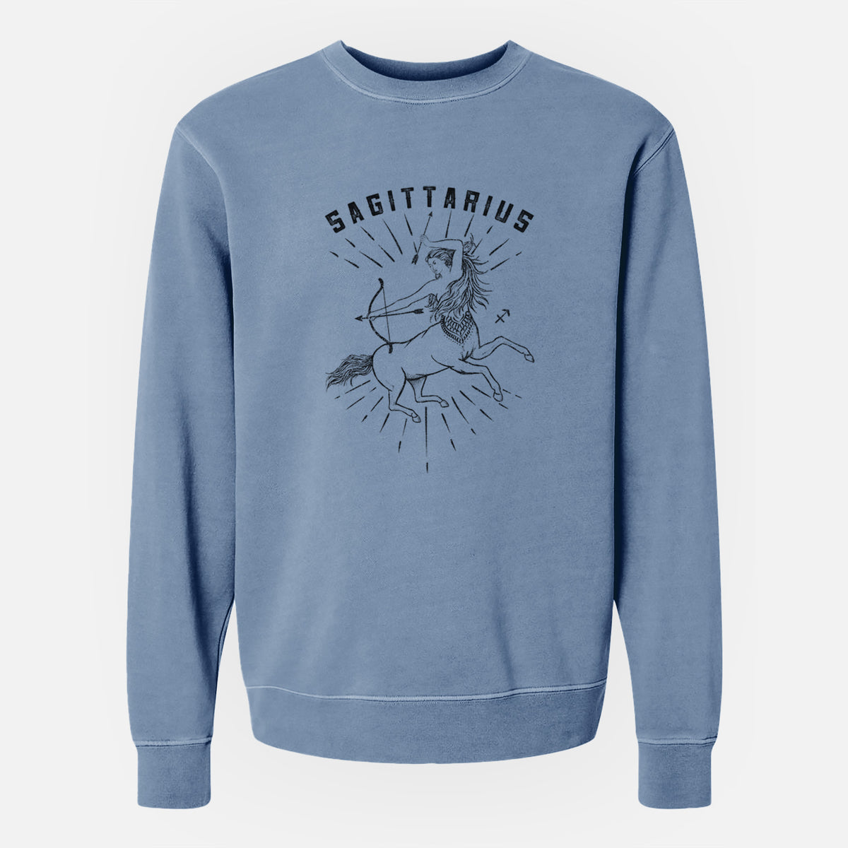 Slate blue pigment dyed crewneck sweatshirt laid flat, printed with a black ink centaur archer with the word Sagittarius, for the Sagittarius zodiac sign.