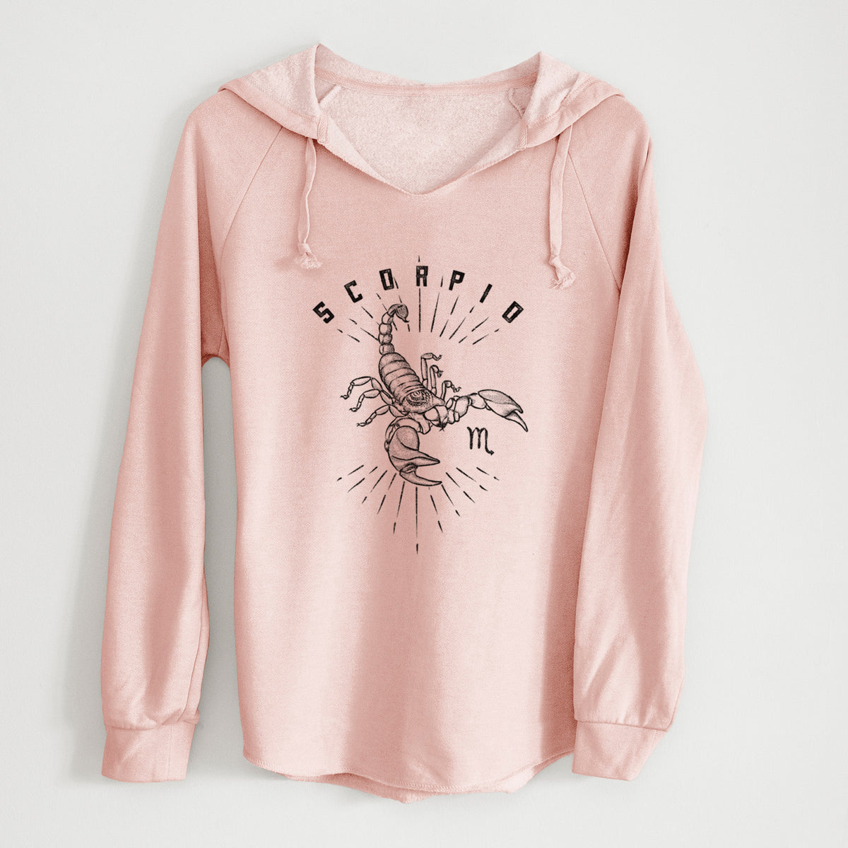 Blush pink women's Cali Wave hooded sweatshirt laid flat, printed with a black ink scorpion with the word Scorpio, for the Scorpio zodiac sign.