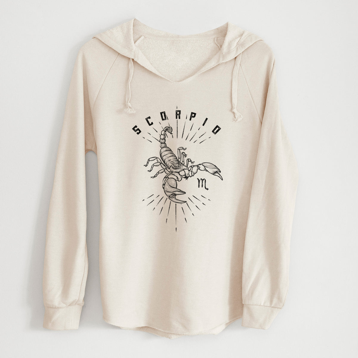 Bone cream women's Cali Wave hooded sweatshirt laid flat, printed with a black ink scorpion with the word Scorpio, for the Scorpio zodiac sign.