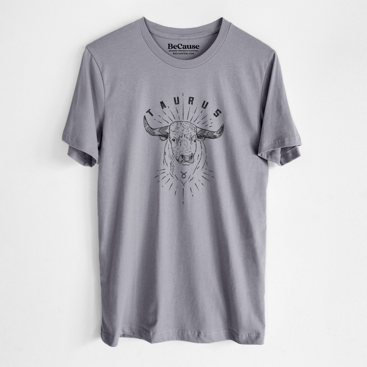 Storm grey lightweight cotton t-shirt laid flat, printed with a black ink bull's head with the word Taurus, for the Taurus zodiac sign.